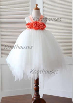Orange Flowers Ivory Tulle Handkerchief Hem Romantic Flower Girl Dress Orange Flowers Ivory Tulle Handkerchief Hem Romantic Flower Girl Dress